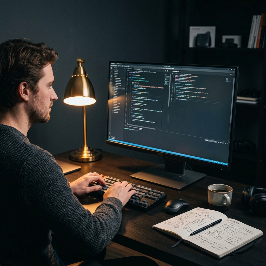 Developer focused on code at desk with warm and cool lighting