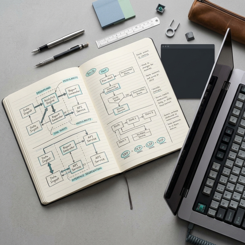 Engineering notebook with architecture sketches and terminal code