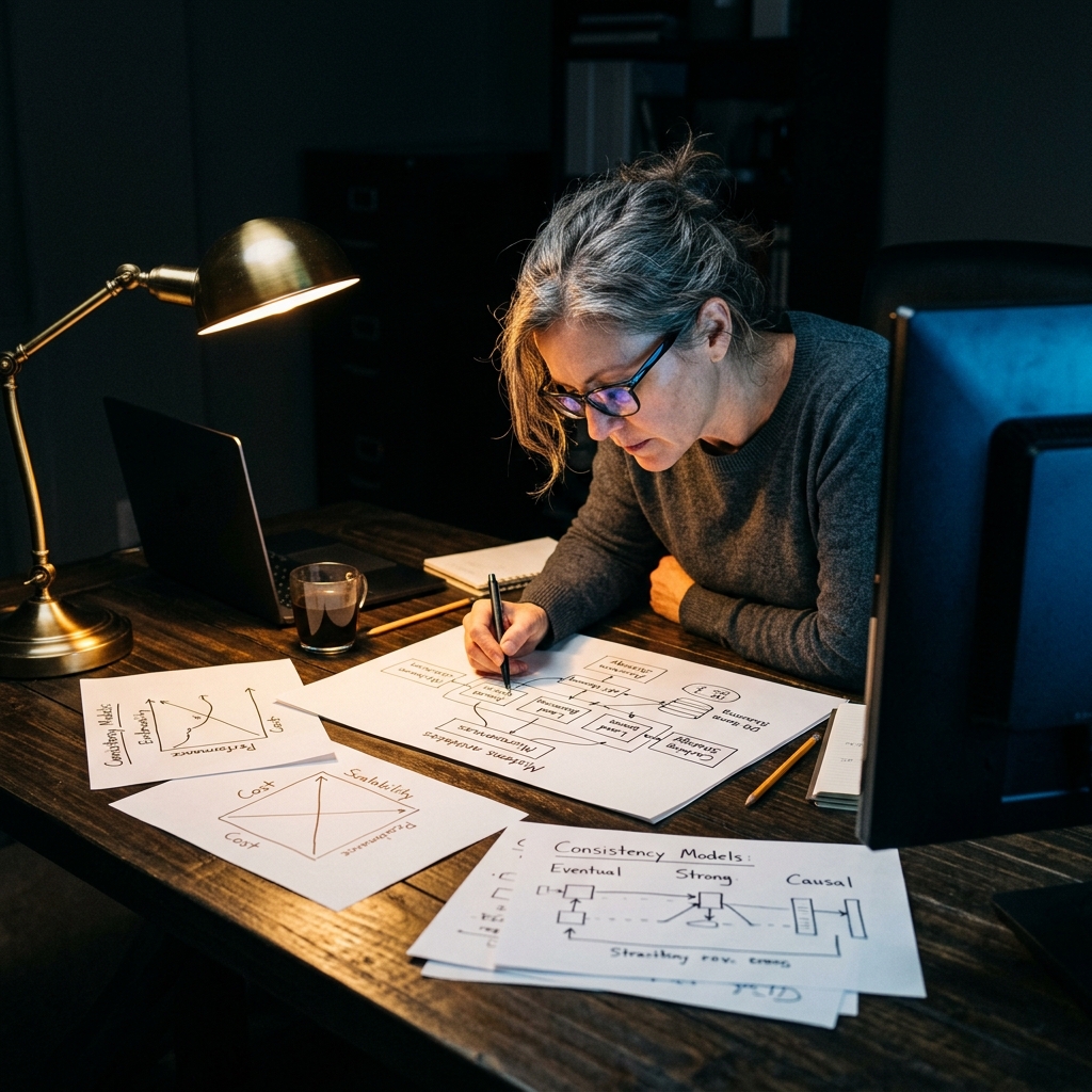 Engineer analyzing handwritten system design trade-offs
