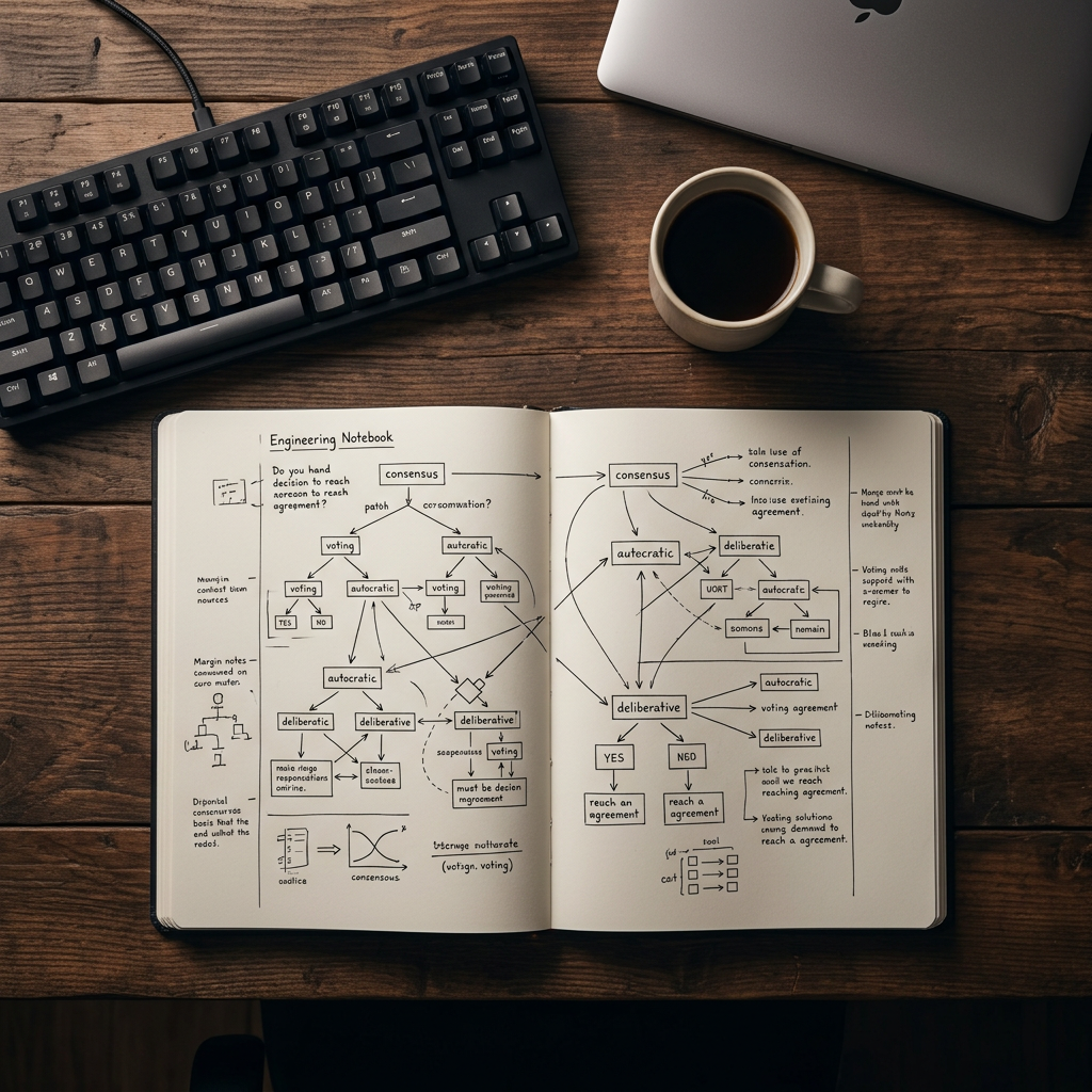 Engineering notebook with consensus decision diagrams overhead