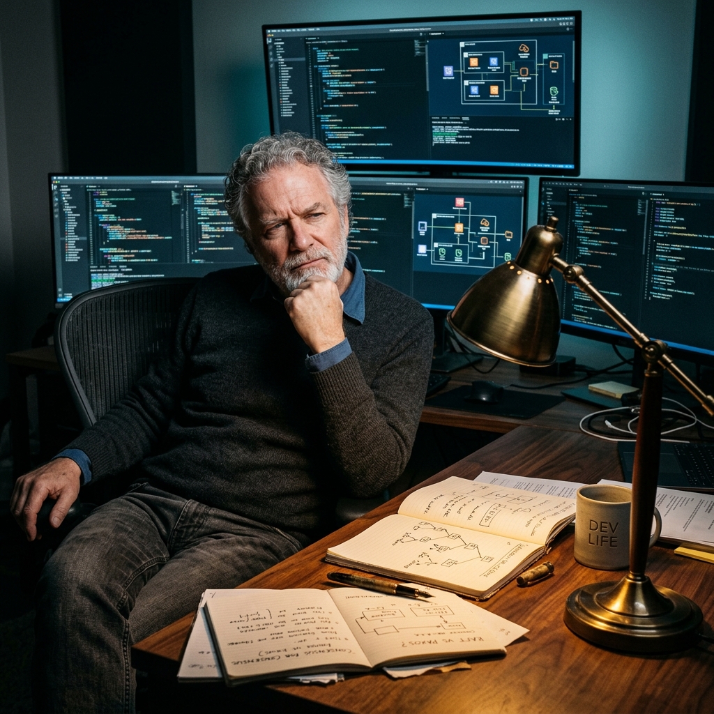 Senior developer in thoughtful pose at desk with code
