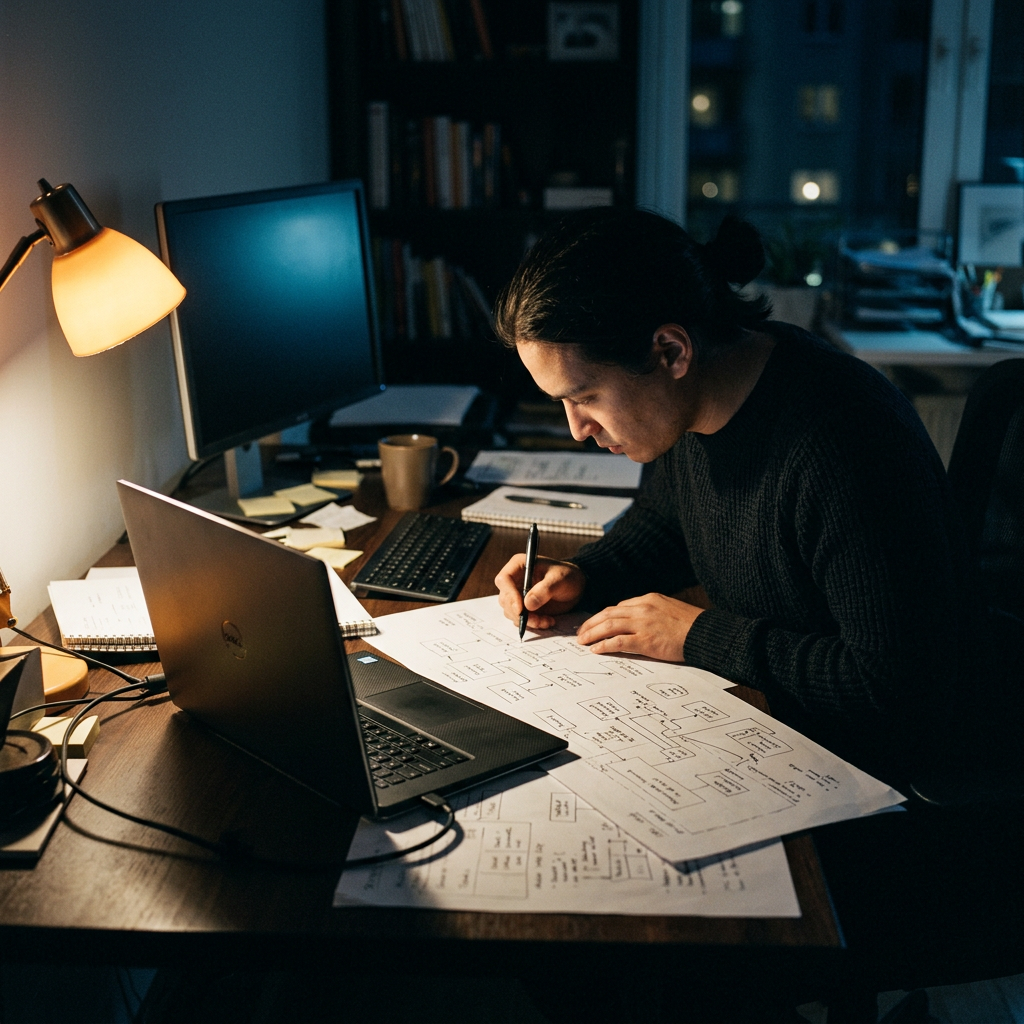 Developer reviewing architecture diagrams by lamp light