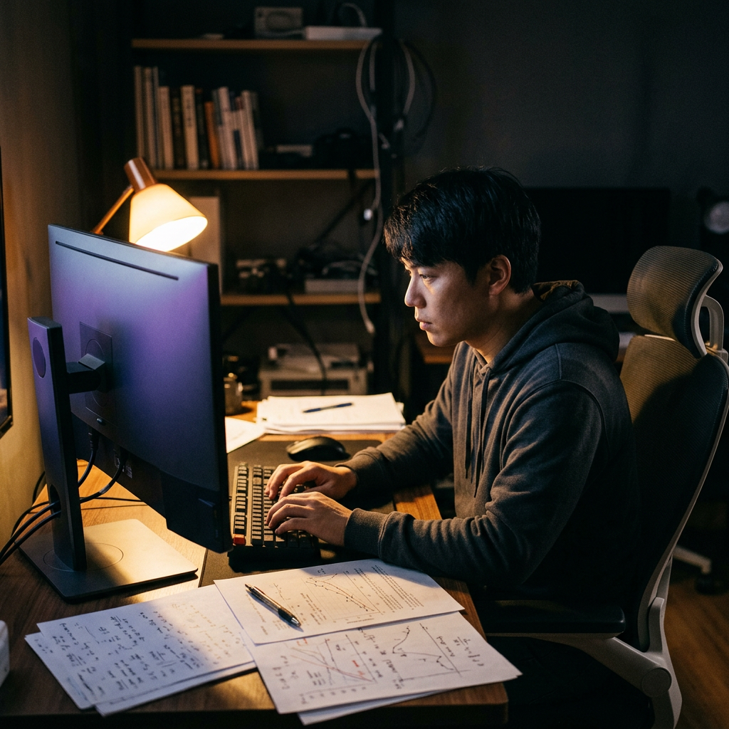 Developer analyzing benchmark data at dual monitors