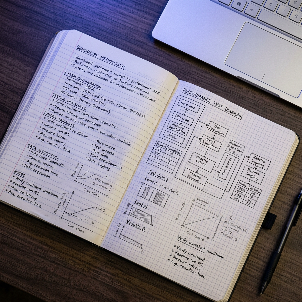 Engineering notebook with benchmark methodology sketches