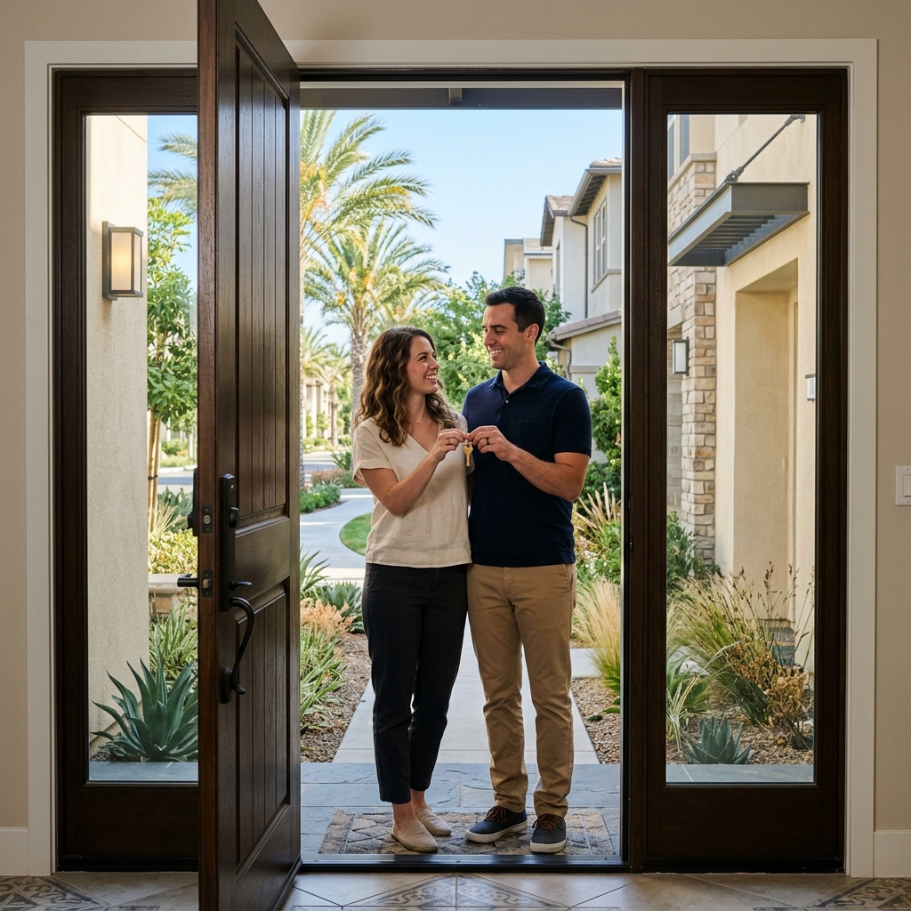 Couple holding key at entrance of newly built Irvine home