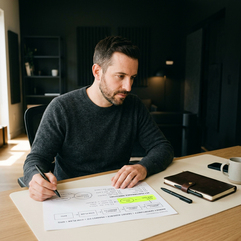 Founder reviewing AI strategy framework notes