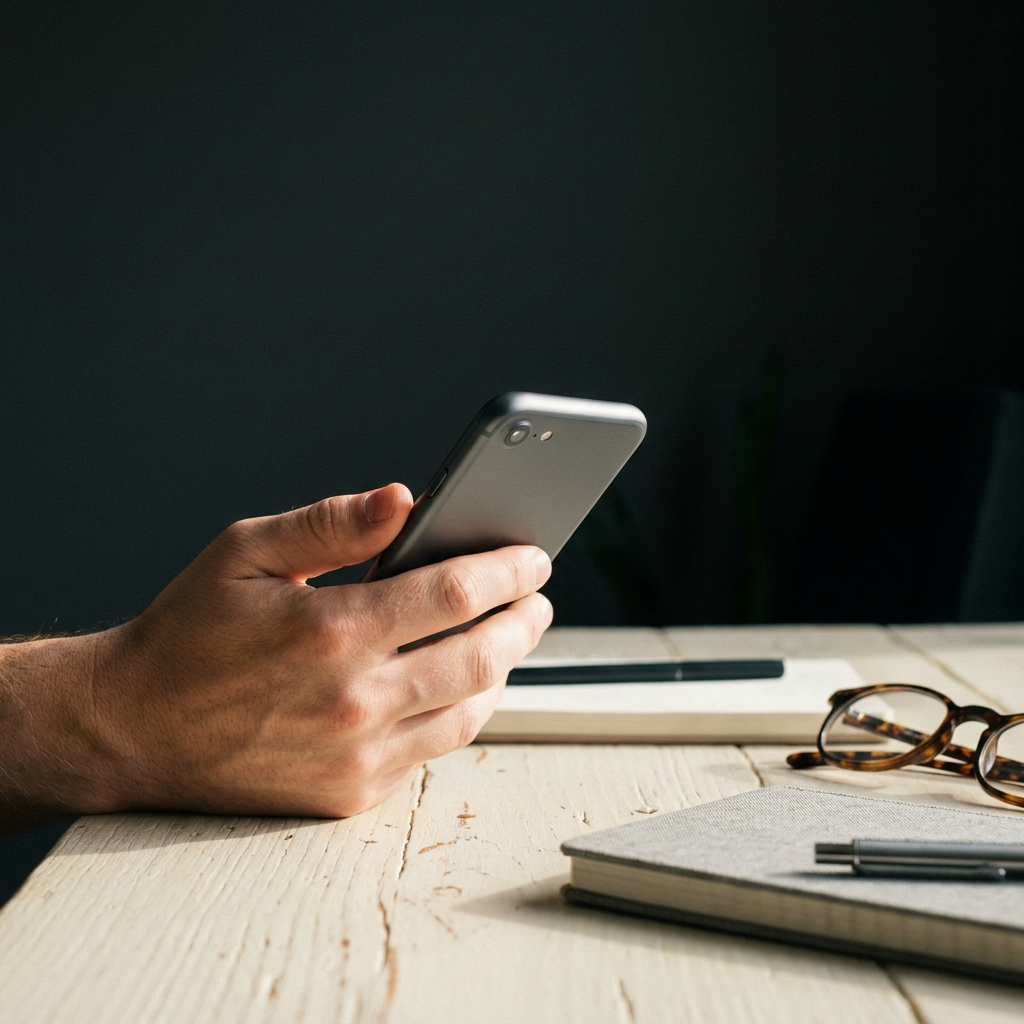 Hand holding smartphone with hidden screen on desk