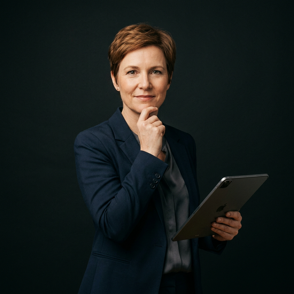 B2B leader in thoughtful pose with tablet against dark background