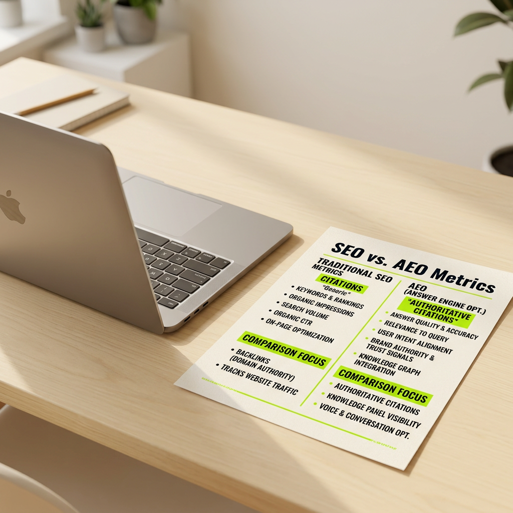 Laptop with AEO versus SEO comparison chart on cream desk