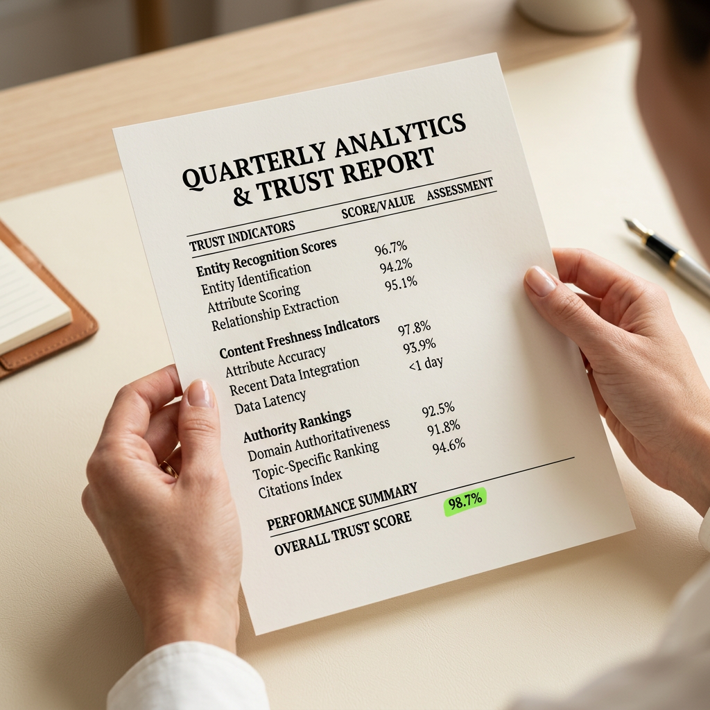 Trust signal metrics highlighted on printed analytics report
