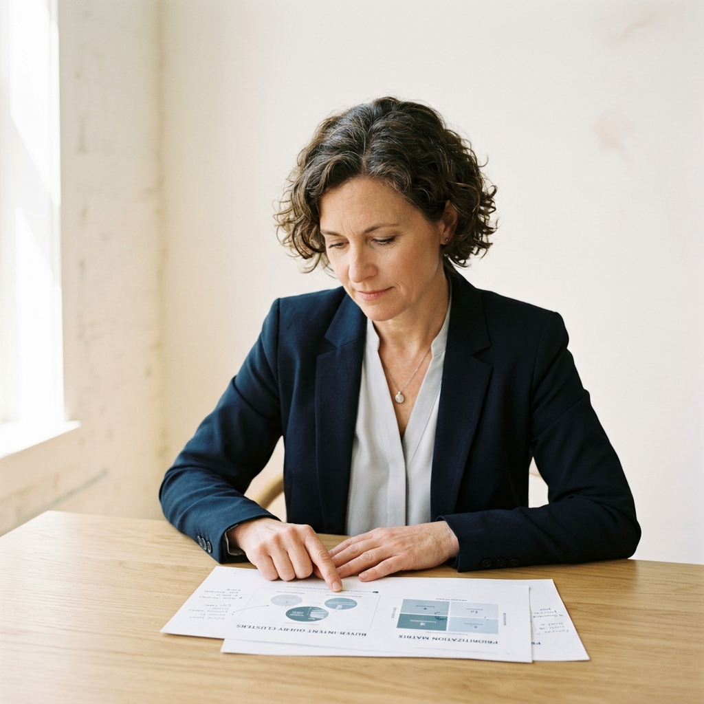 Marketing leader reviewing buyer question research matrix