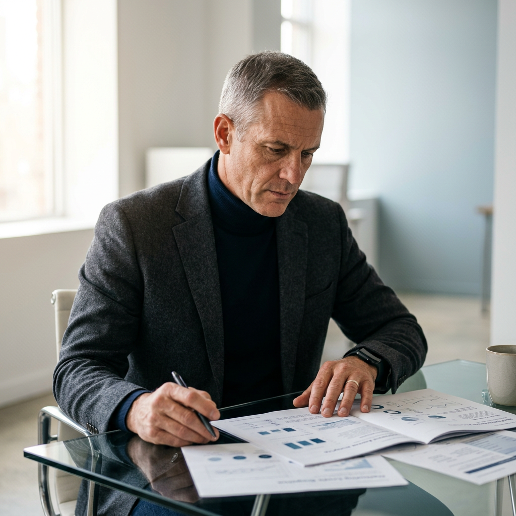 Focused marketing leader reviewing strategic research documents