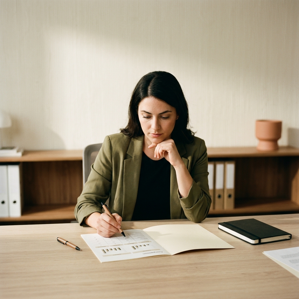 Marketing leader evaluating strategic framework at desk
