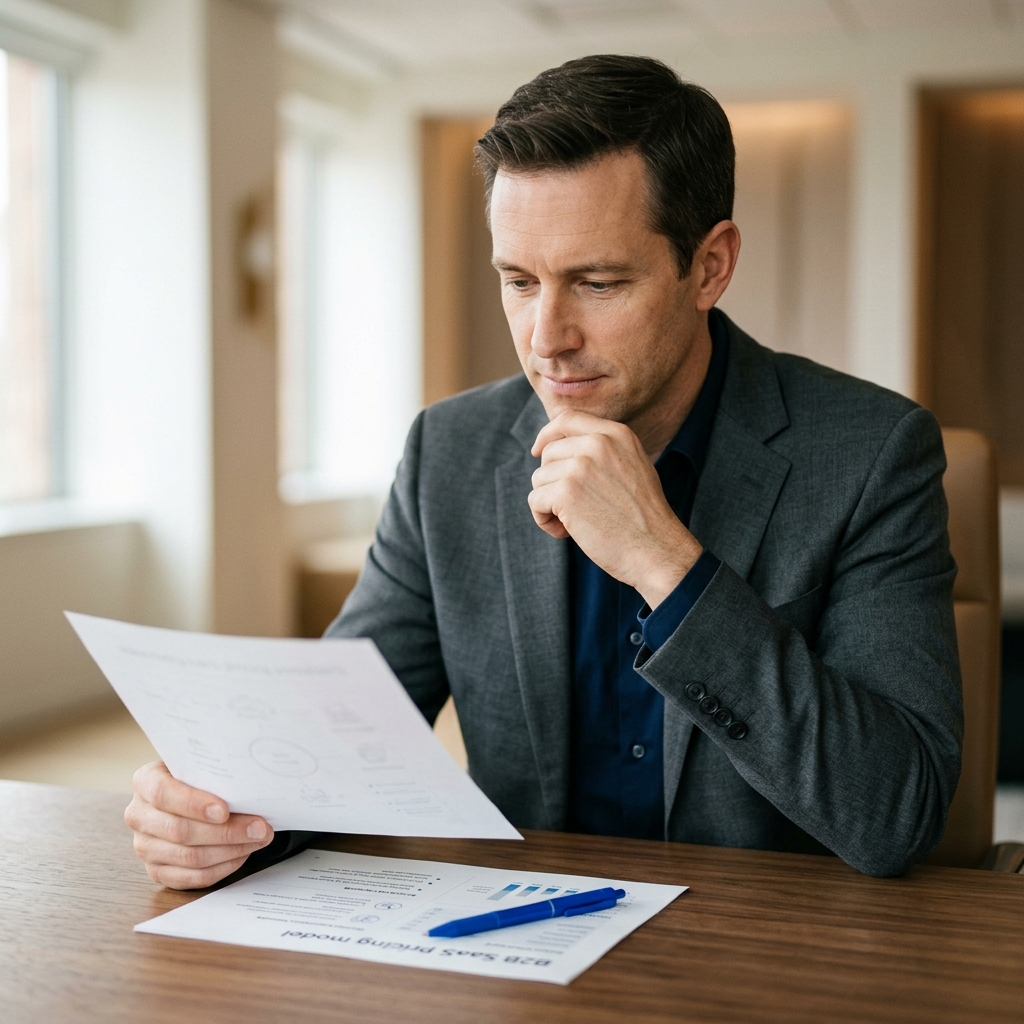Professional evaluating a pricing document with focused expression