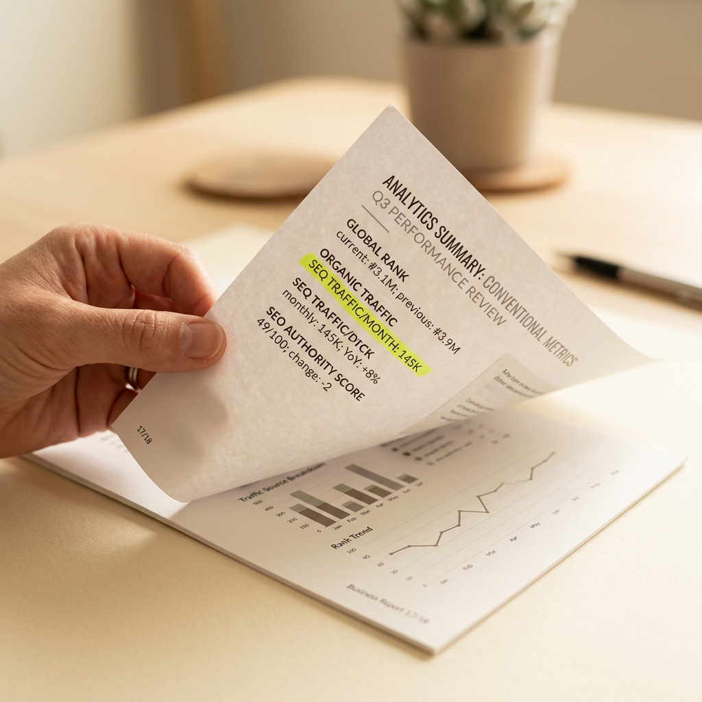 Hand examining outdated SEO analytics report with highlighted metric