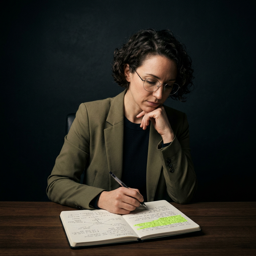 Strategist reviewing notes at desk, lime highlight
