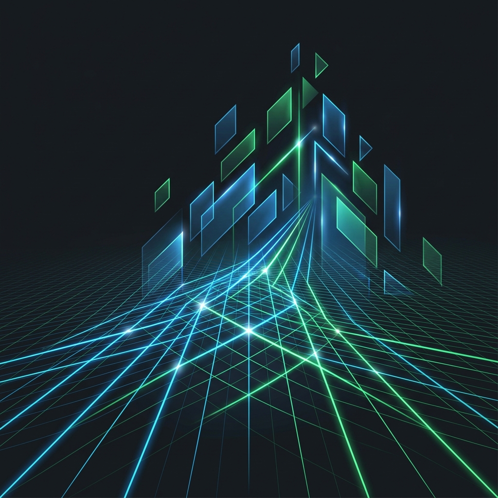 Converging strategy lines in neon blue and green space