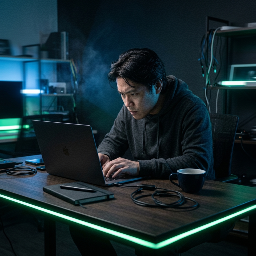 Founder working late with focused intensity and neon lighting