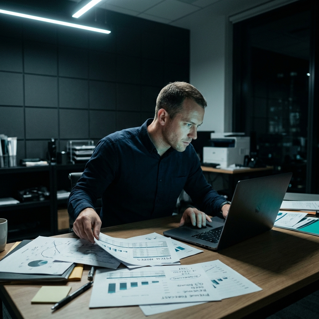 Founder working intensely late night on business documents