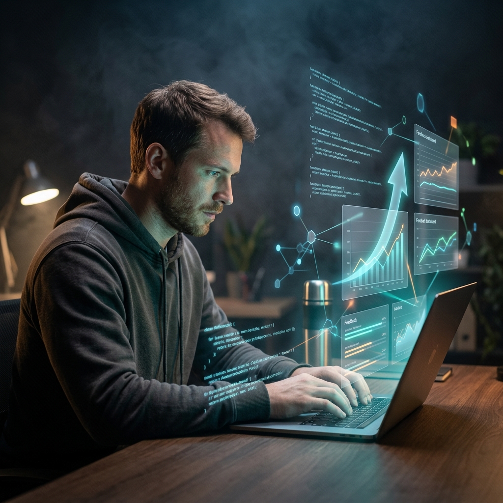 Founder analyzing customer data at night with floating analytics