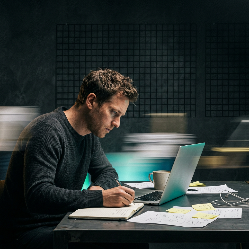 Founder working intensely in dark workspace with blue-green lighting
