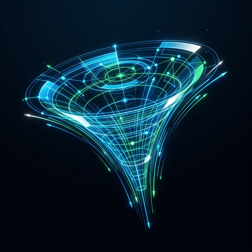 Glowing data funnel converging with blue-green light trails in dark space