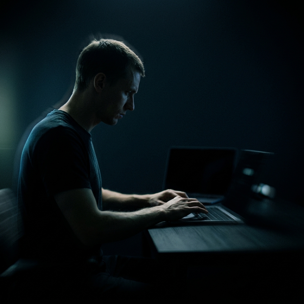 Founder working intently with neon accent lighting