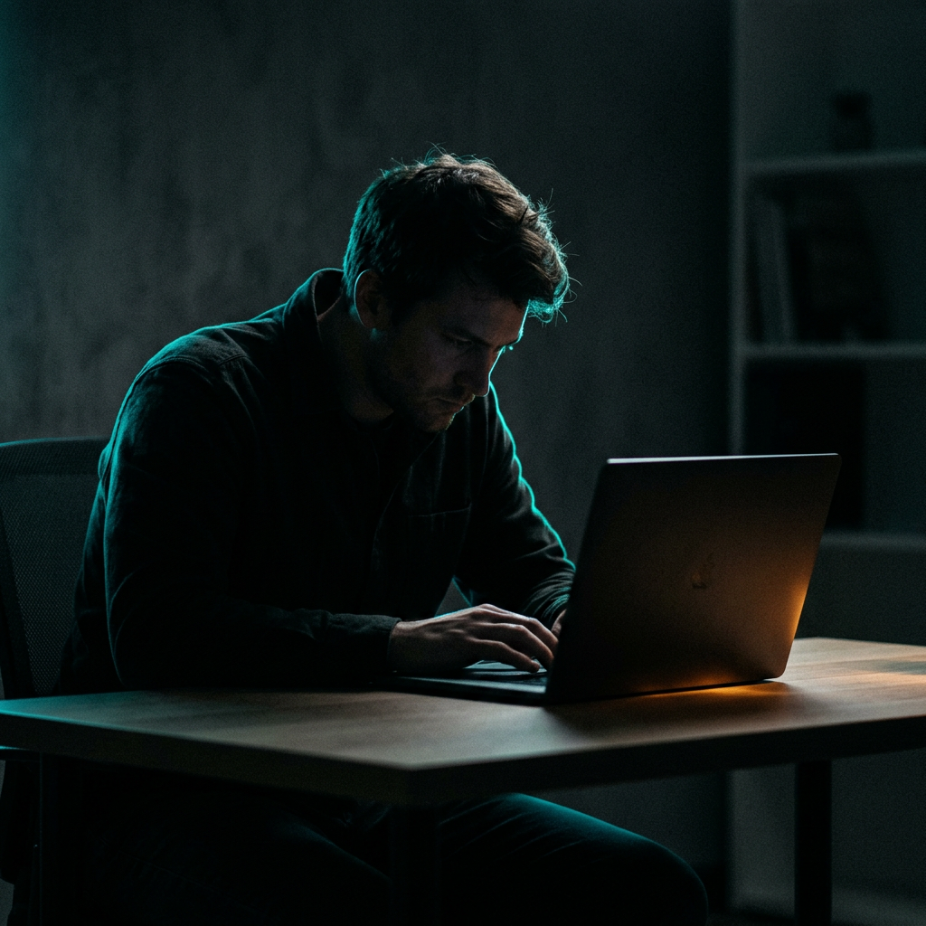 Focused founder working late by laptop glow