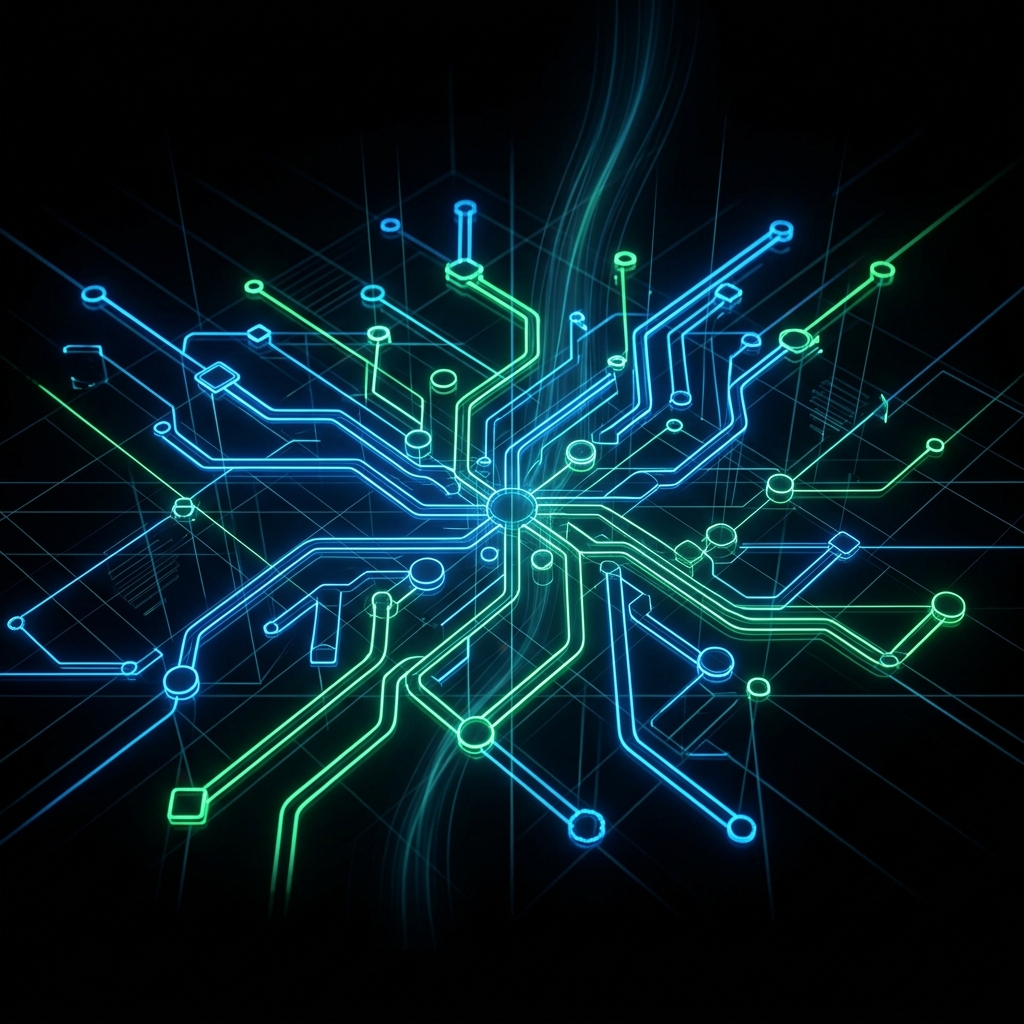 Glowing data networks converging upward in dark space