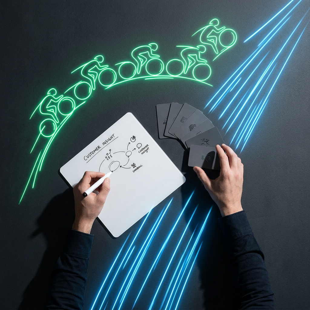 Founder strategizing with paceline momentum visual metaphor
