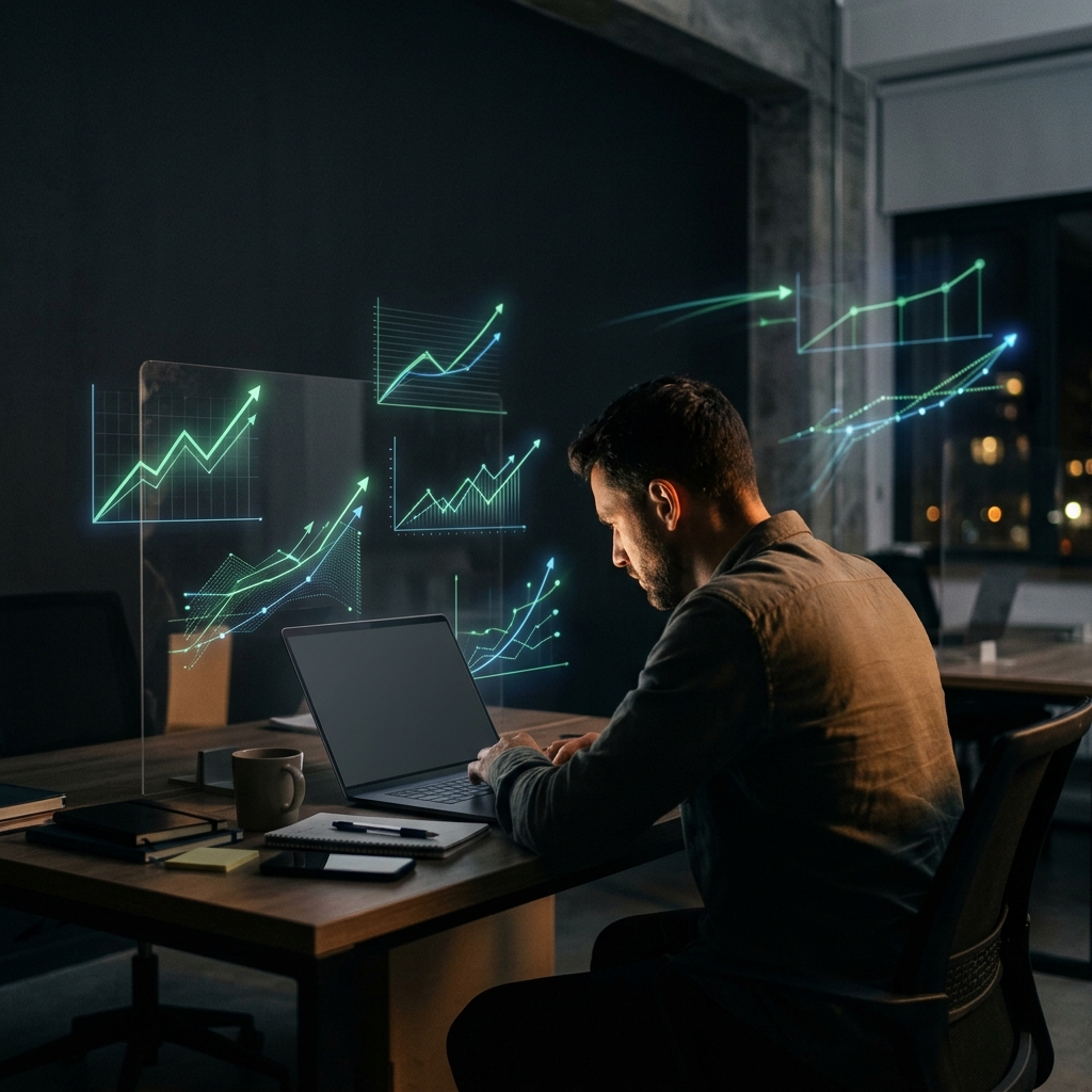 Founder working late with floating growth data visualization