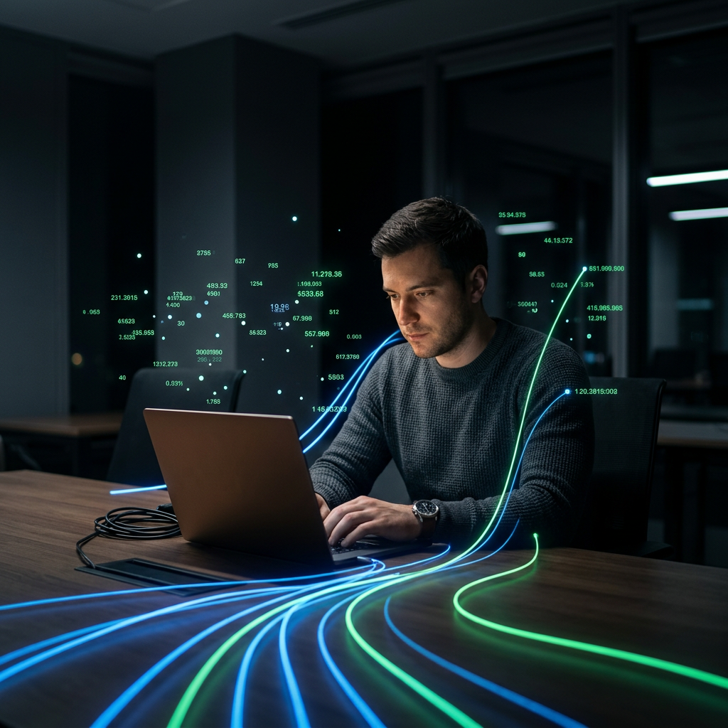 Founder analyzing metrics in focused night session