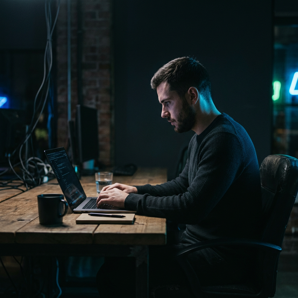 Founder working intently at laptop with neon accent lighting