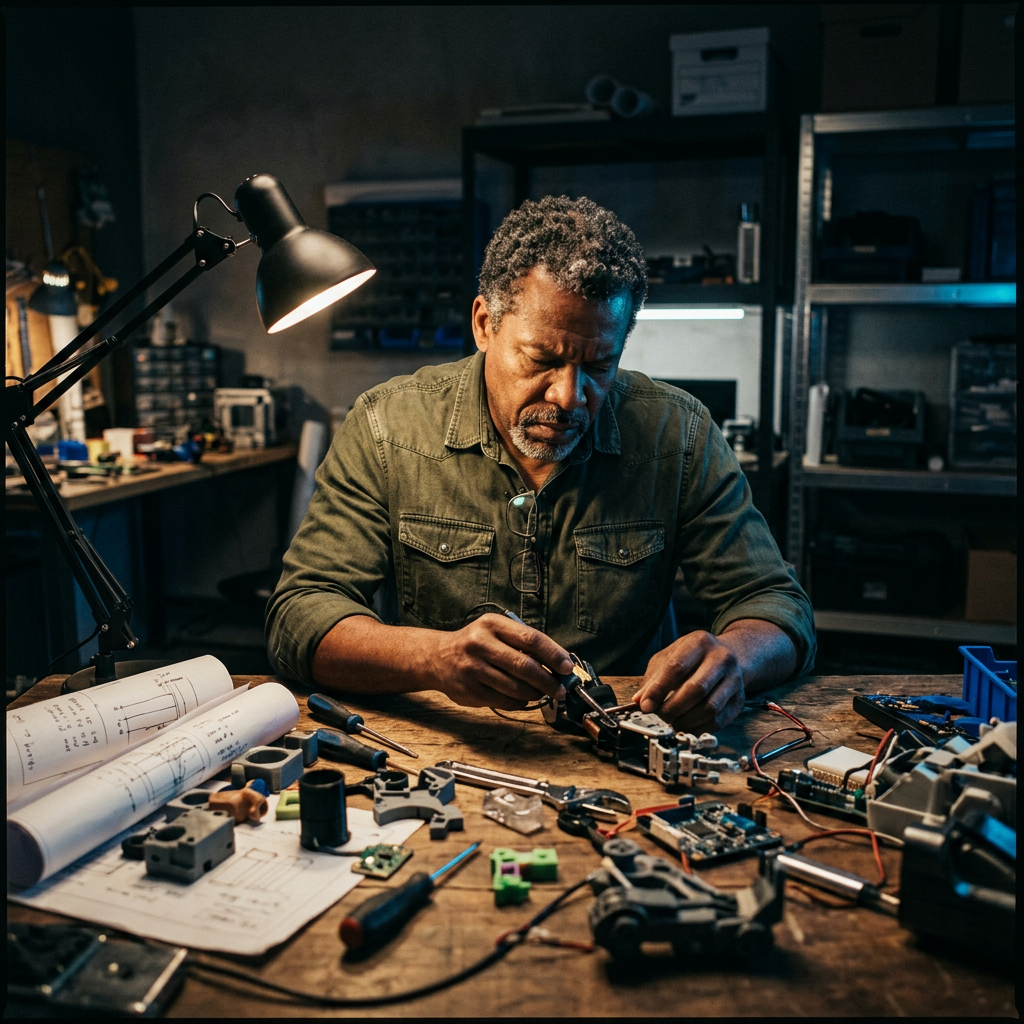 Founder building prototype at workbench with focused intensity
