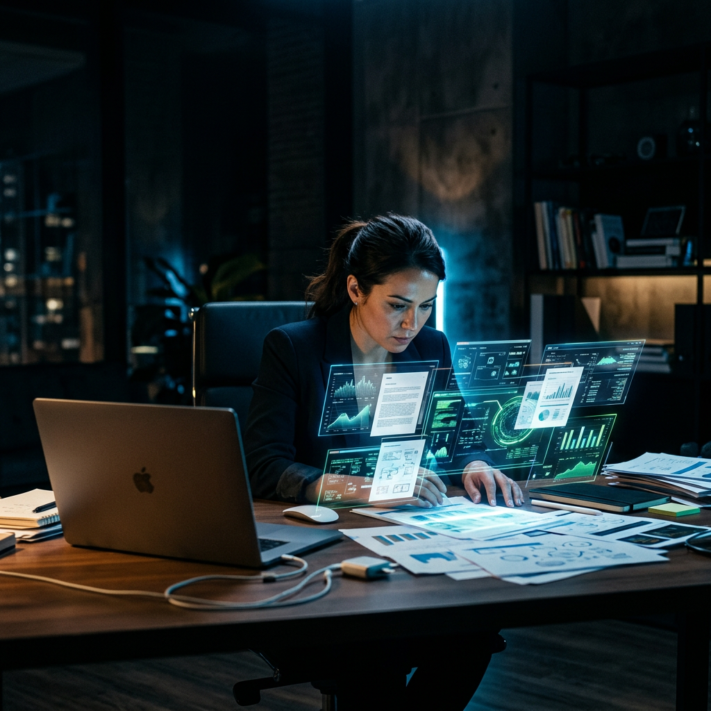 Founder preparing due diligence materials at night