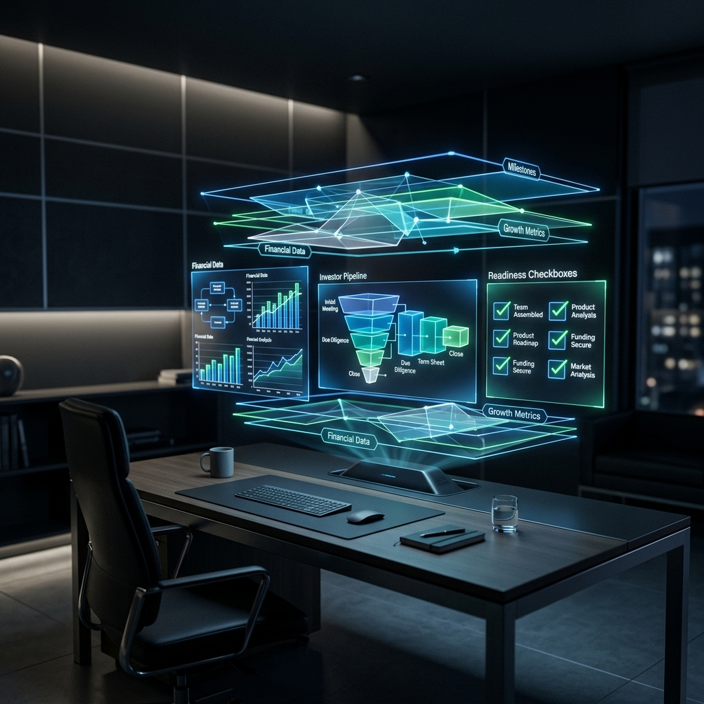 Holographic investor readiness dashboard floating above workspace