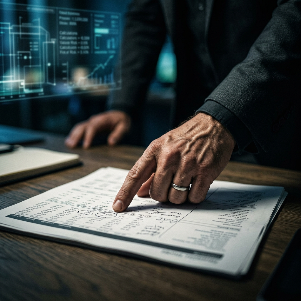 Founder analyzing financial terms with intensity