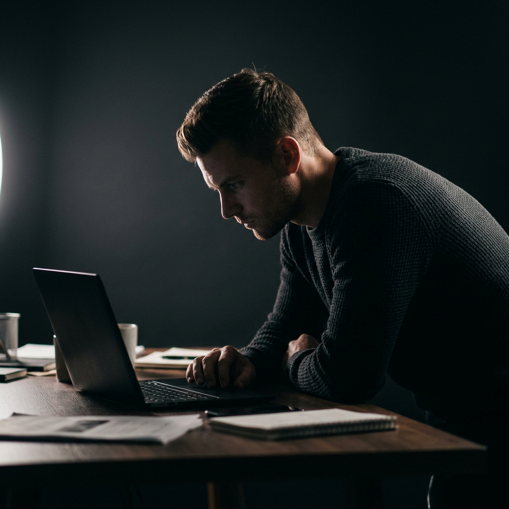Founder working intently on market analysis at night