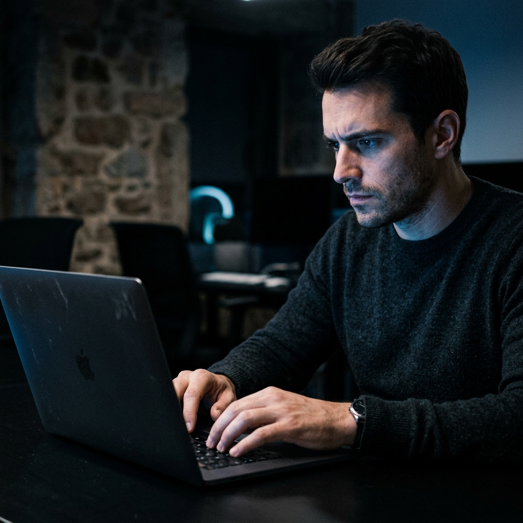 Founder analyzing financial metrics at night