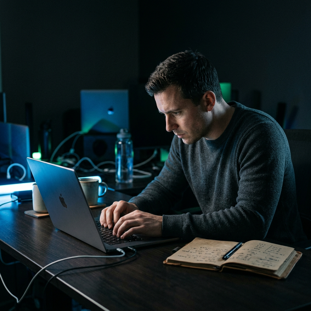 Founder analyzing metrics at workspace late night