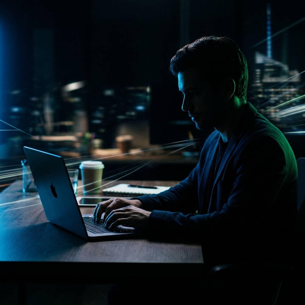 Founder in focused work session with dramatic lighting