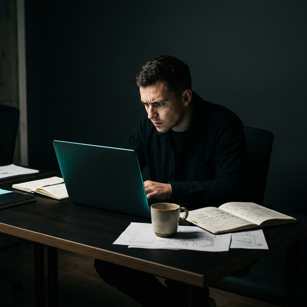 Focused founder working late on product strategy