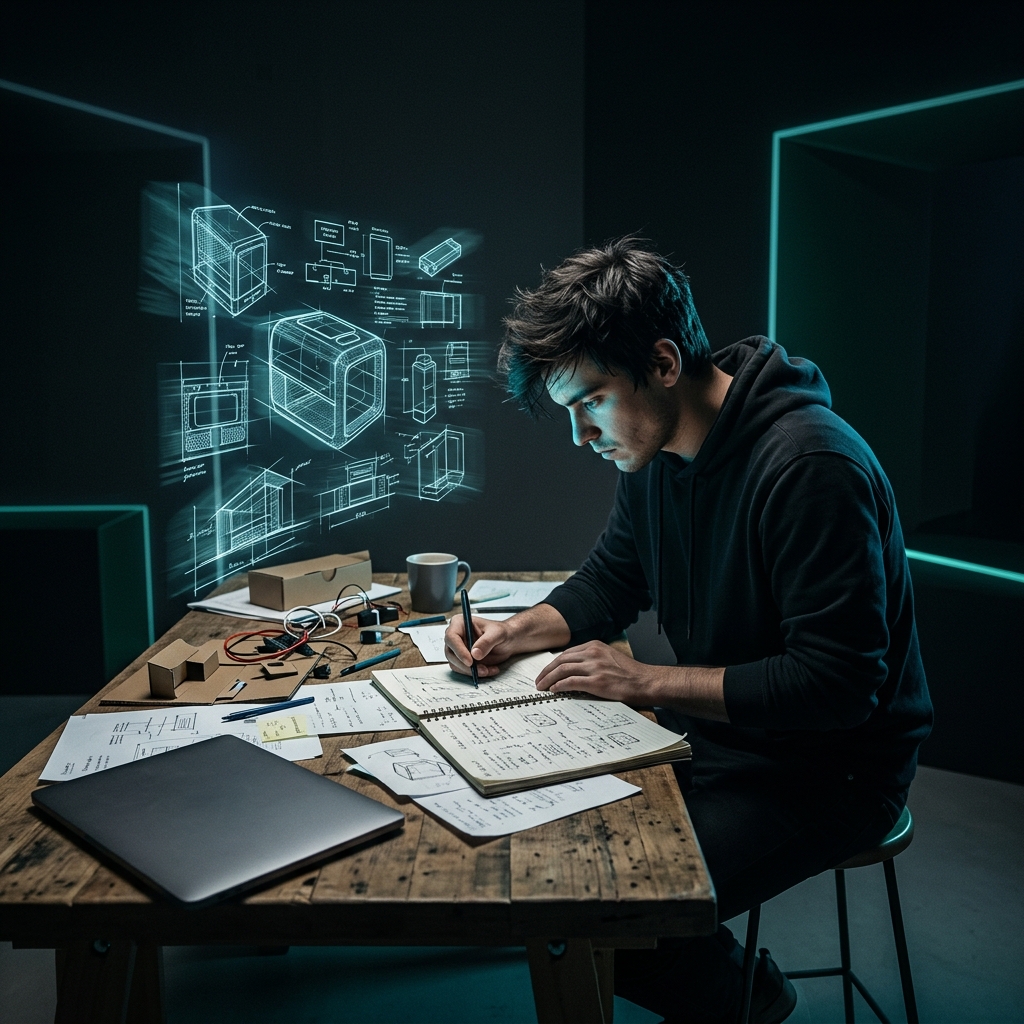 Founder sketching product ideas with holographic visualization