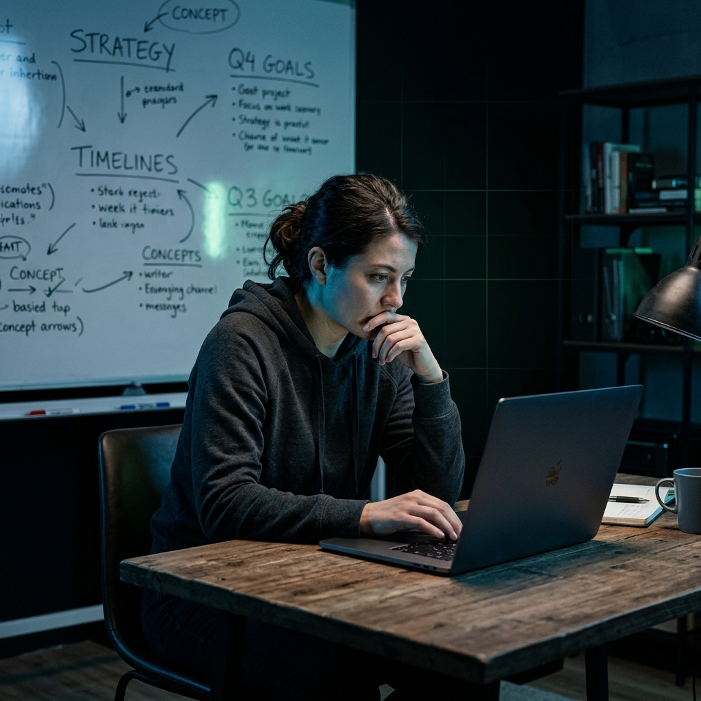 Founder working late on product strategy