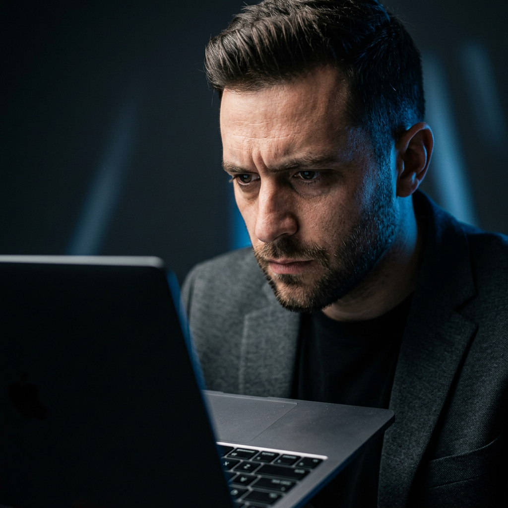 Founder intensely focused at laptop with dramatic lighting
