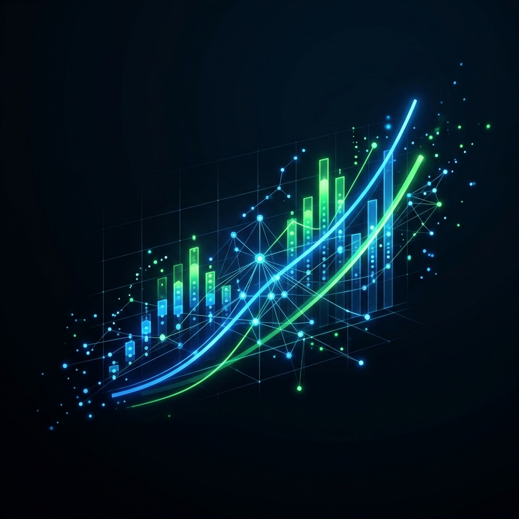 Glowing metrics and growth data in dark space