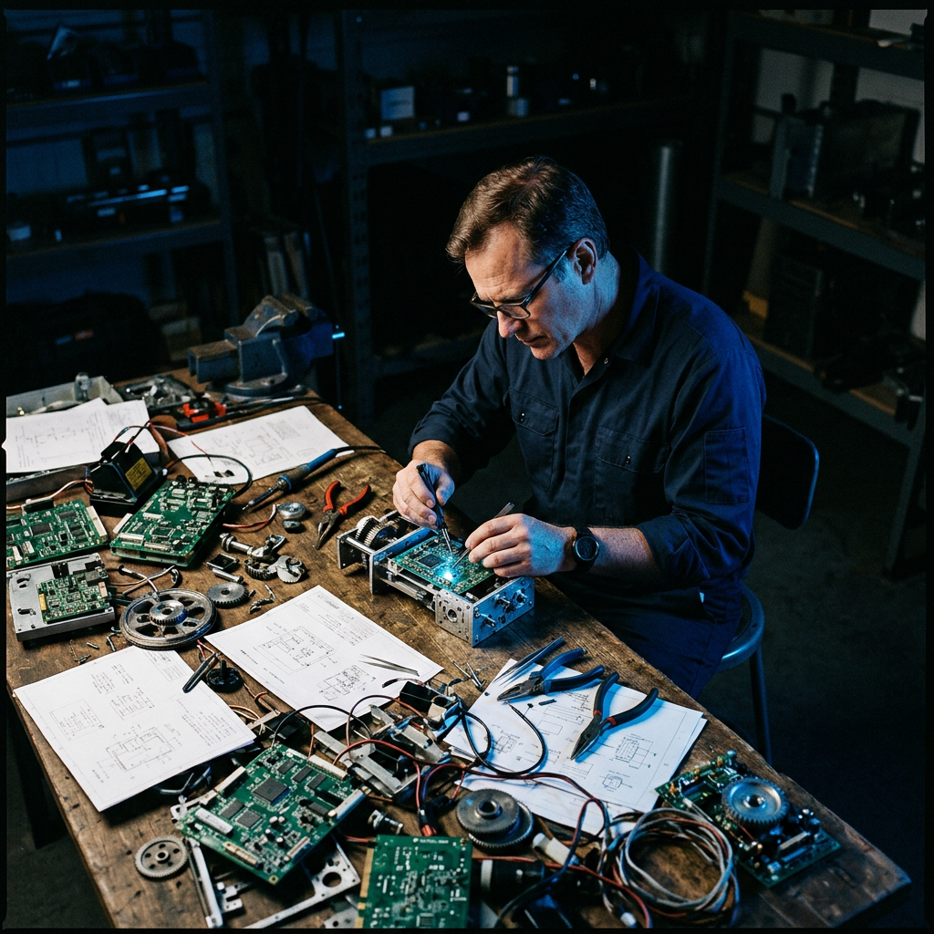 Founder examining hardware prototype components at workbench