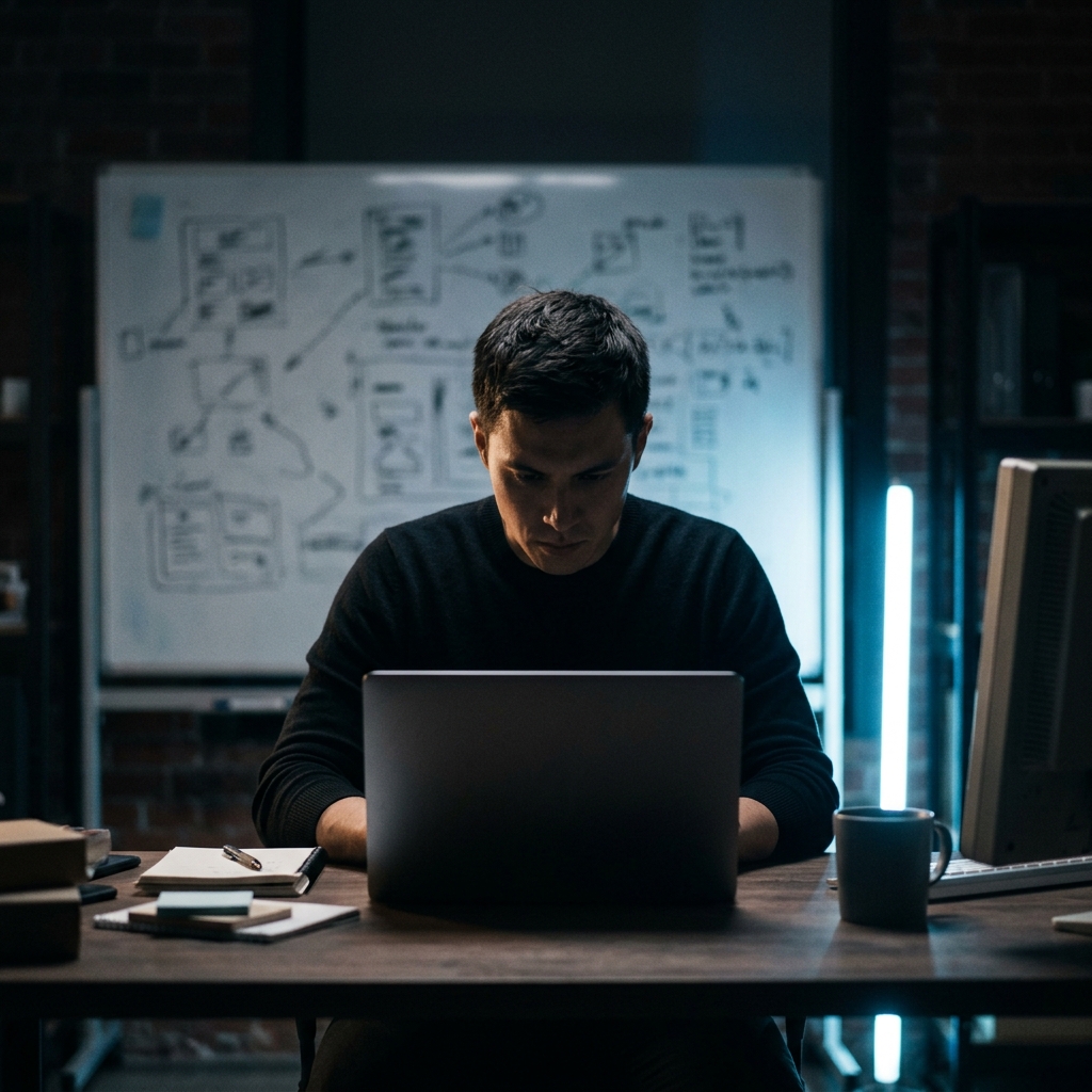 Founder analyzing retention data at workspace late night