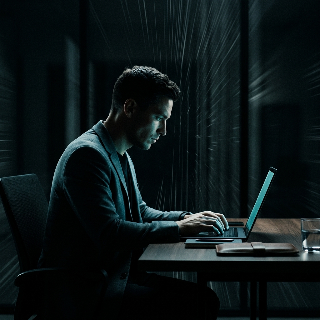 Founder working intently at laptop with dramatic side lighting