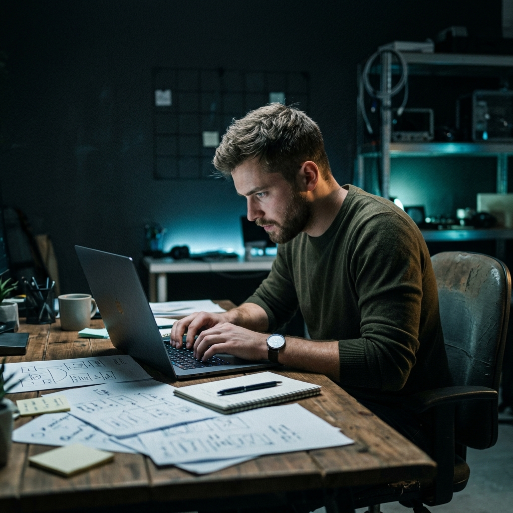 Founder working intensely at laptop in dim blue-green light